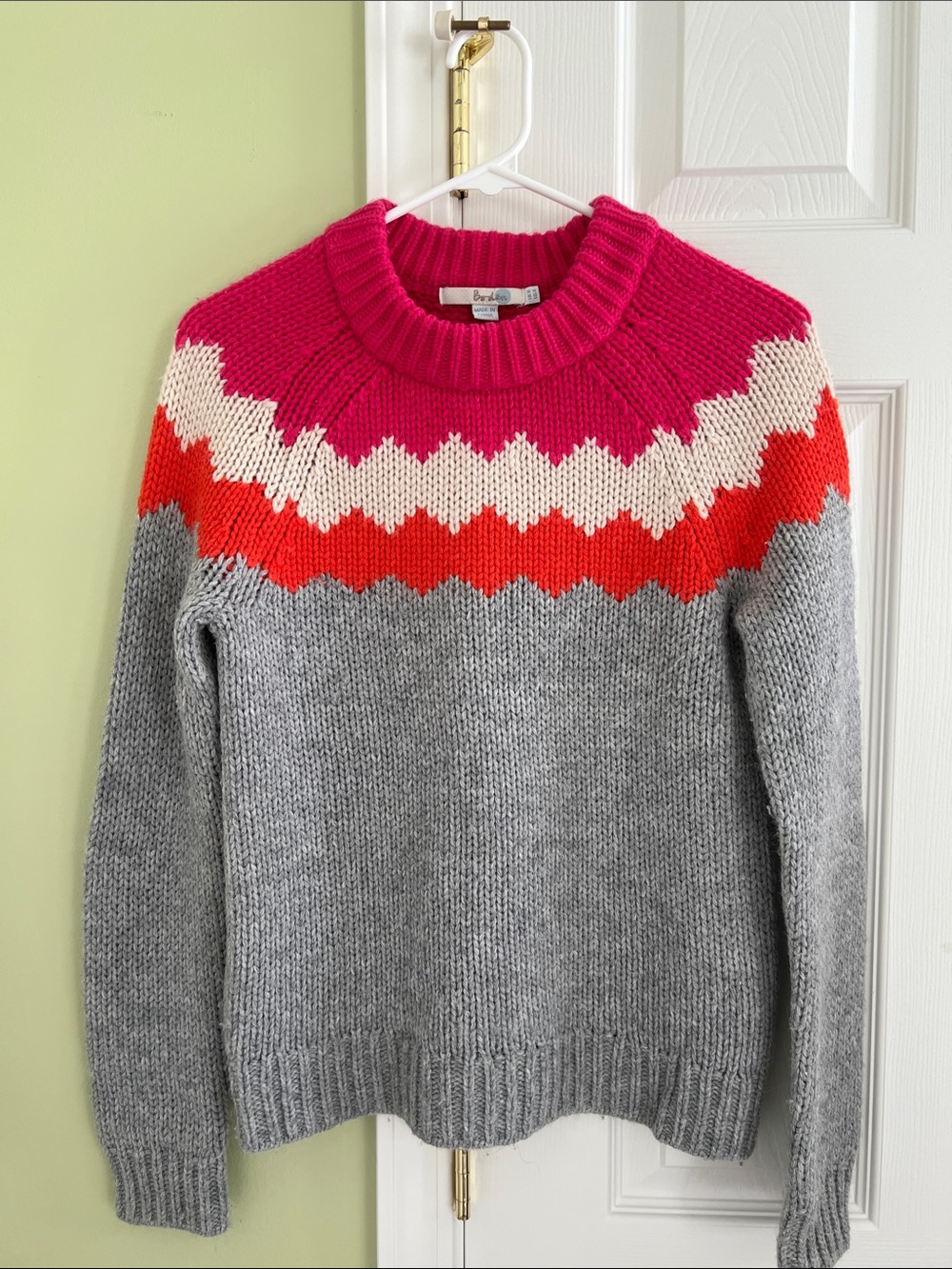 Boden Colorblock Crewneck Sweater in Hot Pink, Orange, Cream & Gray